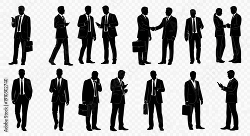 A set of black silhouettes of businessmen in various poses on a transparent background