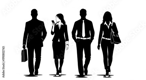 A vector graphic illustration of four business professionals walking in formal attire silhouettes