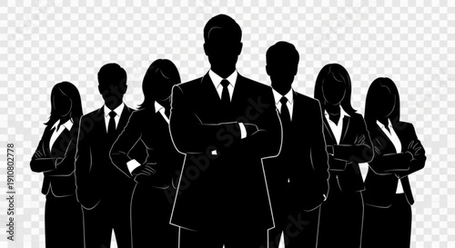 A group of business professionals in a confident pose, depicted in a flat, minimalist vector graphic design.