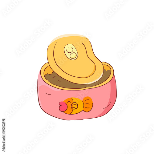 Canned cat food with fish on the front of the can, hand-drawn.