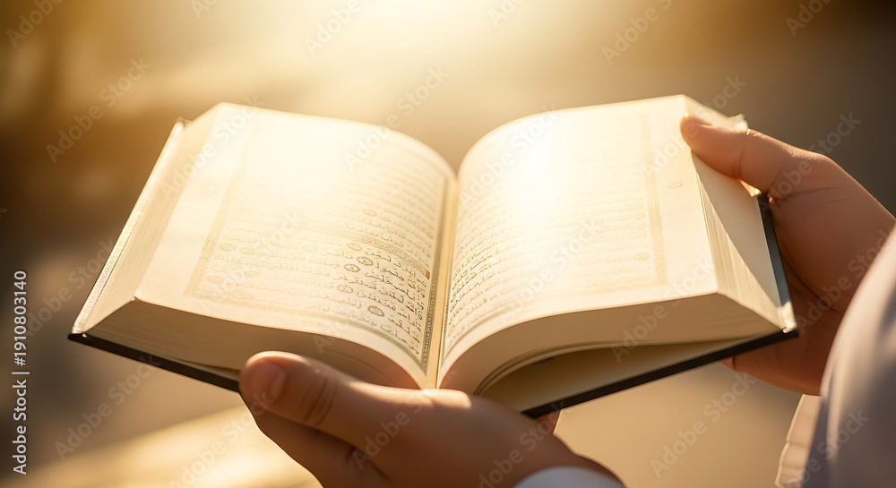 Obraz premium Hands holding an open book with bright light illuminating the pages, suggesting reading or spiritual study.