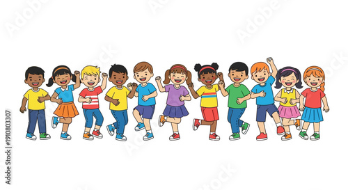 Diverse group of happy cartoon children standing together in a line.