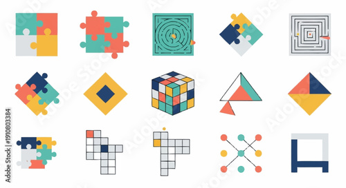Collection of Various Geometric Puzzles and Shapes.