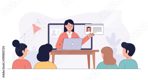 Woman teaching online to students watching on laptop and screen online learning education