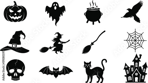 Halloween icon silhouette illustration set, twelve black designs pumpkin ghost witch bat skull cat haunted house cauldron spider web design, vector artwork, seasonal theme, isolated background