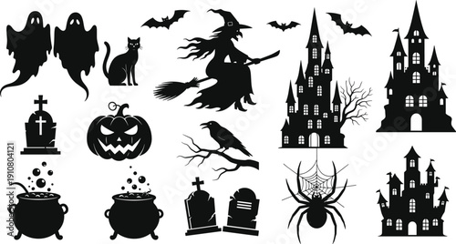 Halloween silhouette illustration set, ghosts cat witch bats haunted castles jack-o-lantern tombstones cauldrons raven spider web design, vector artwork, holiday and spooky theme, isolated background