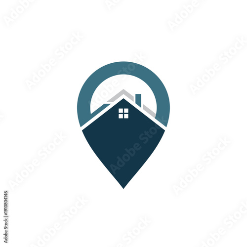 A stylized logo combining a map pin and a house, representing real estate location or home search services.