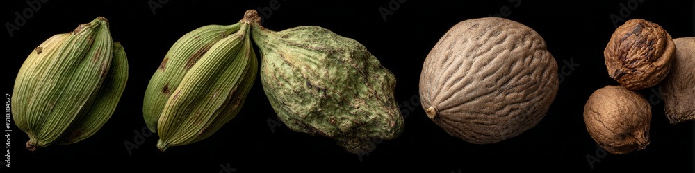 Naklejka premium A collection of cacao pods and nuts on a black background