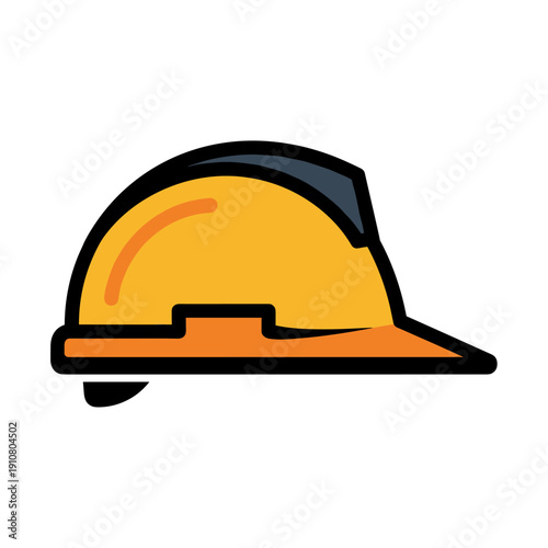 A yellow hard hat, a symbol of safety and construction, with a black brim and dark accents.