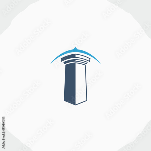 A stylized graphic of a classical architectural pillar with a modern blue curved arch above it, representing stability and progress.