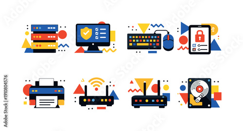 This graphic features stylized icons of servers, a computer monitor with security shield, keyboard and mouse, tablet with lock, printer, router, and hard drive, all in a vibrant,