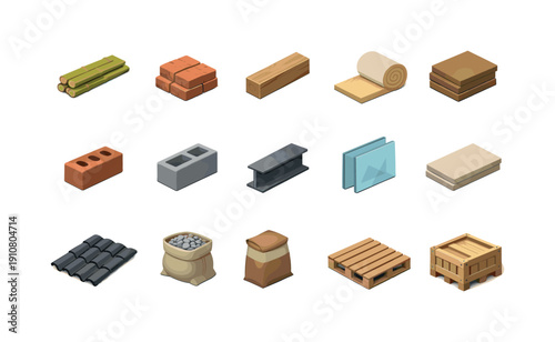 Various building elements like bricks, wood, steel, glass, and packaging materials are displayed in a clean isometric layout
