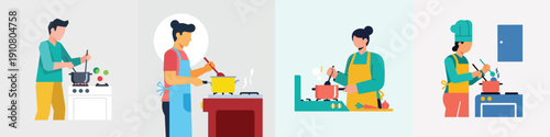 Vector illustration set of a person cooking in a kitchen, flat design, minimalist style, no outline, bright modern colors