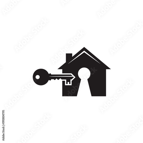 A black silhouette of a house with a keyhole and a key entering it, symbolizing home security or real estate.