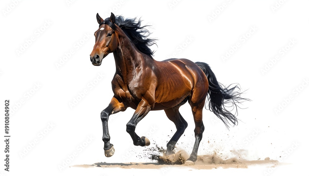 Obraz premium Majestic Brown Horse Galloping Freely on White Background.
