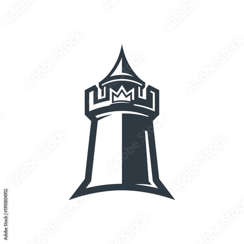 A stylized, dark gray and white illustration of a castle tower with a crown on top.
