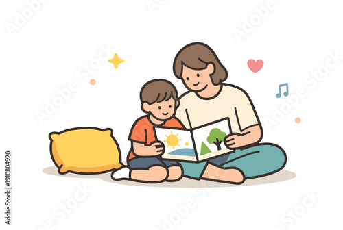 A parent and their young child are sitting on the floor, engrossed in a colorful picture book, symbolizing education and bonding
