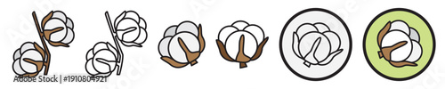 Cotton icon set in line and solid color styles, isolated on transparent background. Includes cotton flower symbols suited for textile, fabric, natural, organic, eco-friendly product packaging design.