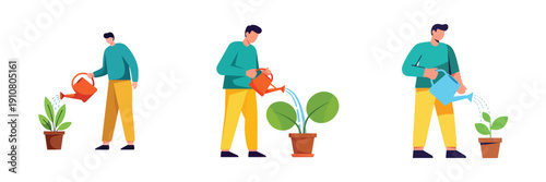Vector illustration set of a person watering plants, flat design, minimalist vector, no outline, modern bright colors