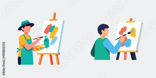 Vector illustration set of a person painting on a canvas, flat design, simple composition, no outline, bright modern palette