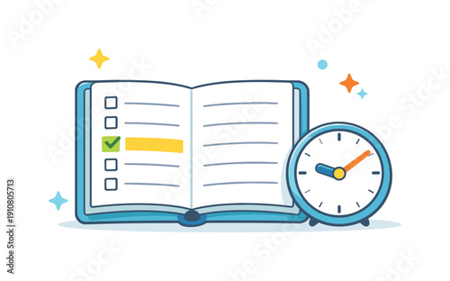 An open book displays a checklist with a completed item and a highlighted task next to a round alarm clock, illustrating efficient planning and task completion