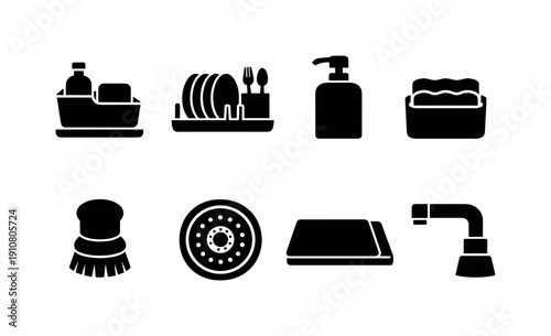 A set of simple black glyphs illustrating items for dishwashing and sink maintenance, including brushes, soap, and a faucet