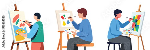 Vector illustration set of a person painting on a canvas, flat design, simple composition, no outline, bright modern palette