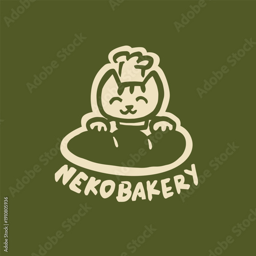 Nekobakery line art retro mascot cute cat chef bakery baking pastry coffee cafe restaurant bistro simple hand drawn logo