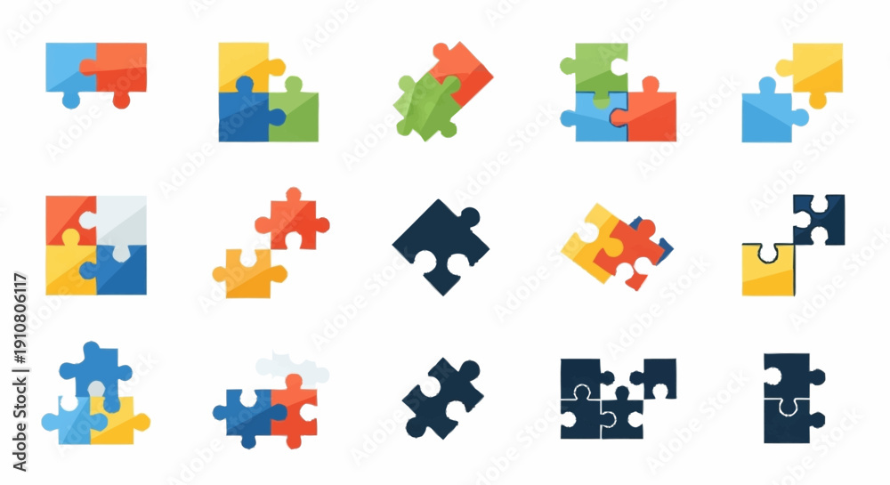 Naklejka premium Collection of Various Colored Jigsaw Puzzle Pieces.