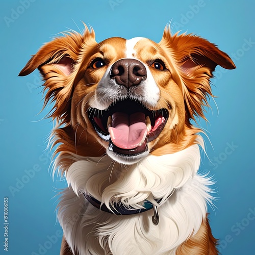 A cheerful, fluffy dog, facing forward, with a blue backdrop, is shown with an open mouth and tongue extended