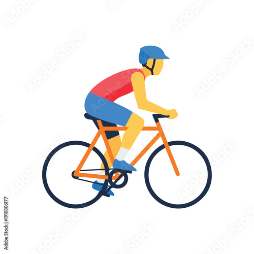 Vector illustration of a person riding a bicycle alone, flat design, minimalist shapes, no outline, bright color palette