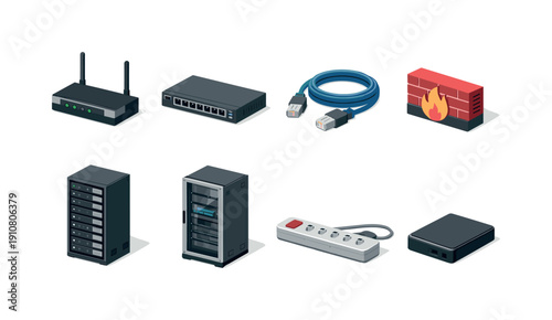 A variety of computer networking devices, server racks, cables, and a firewall are displayed in a clean, modern isometric style