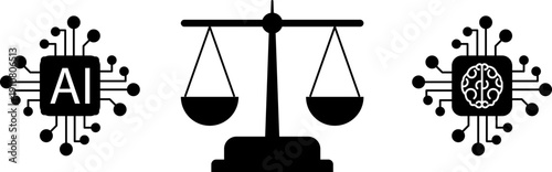 Balancing AI capabilities and ethical standards icon collection. Ethics in AI development sign