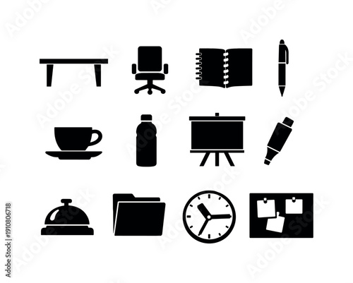 A grid of black icons representing office supplies, furniture, and tools for business and productivity
