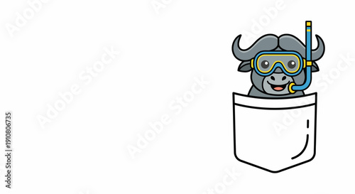 Cute buffalo wearing snorkeling gear in pocket vector illustration