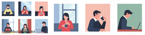 Vector illustration set of a person drinking coffee alone, flat design, simple shapes, no outline, modern bright colors