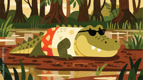 Illustration Of A Crocodile Wearing A Shirt And Glasses, Lying Relaxed On A Muddy River Bank, Swamp Trees In The Background Vector Design Template