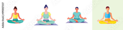 Vector illustration set of a person doing yoga in a calm pose, flat design, minimalist composition, no outline, bright colors