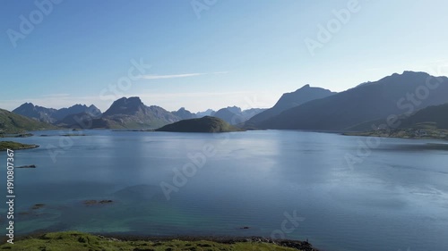 Aerial view of the coastal landscape overlooking the European North Sea. Fredvang in the Lofoten Islands in Norway.