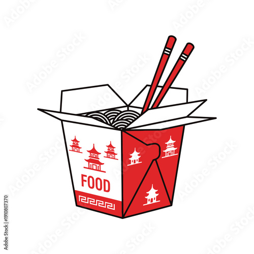 Red Takeout Container with Noodles.