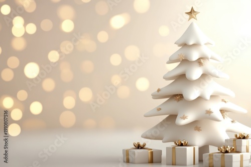 Minimalistic white christmas tree and gold decorated gifts with warm bokeh background