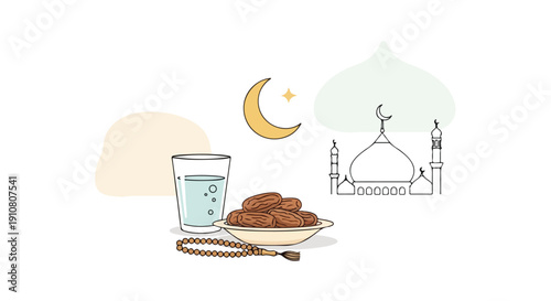 Illustration of a traditional Eid AlFitr or Ramadan setup with dates, water, mosque, and crescent moon, symbolizing Idul Fitri celebrations during the Islamic month.