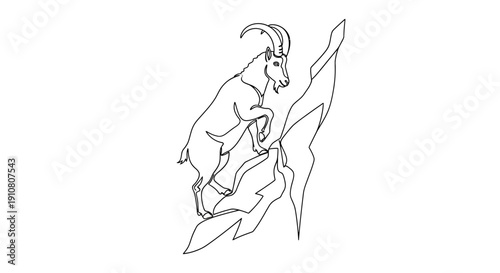 Alpine Ibex Climbing Rocky Mountain Peak Line Art Illustration