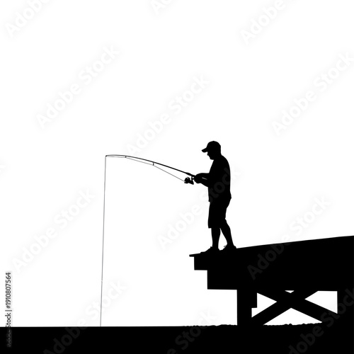 Silhouette of a fisherman casting his fishing rod on a pier, catching fish.