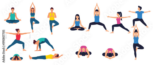 Modern flat vector collection of someone doing yoga in a calm position, clean minimalist style, outline-free, bold bright colors