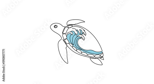 Sea Turtle Silhouette with Ocean Wave Inside, Minimalist Line Art