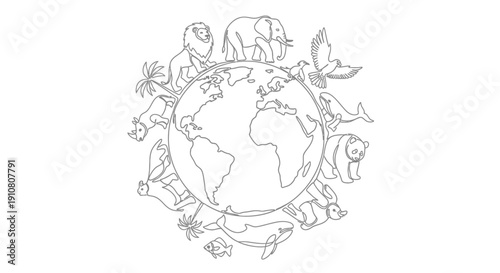 Diverse Wildlife Encircling Planet Earth - Line Art Illustration