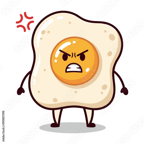 Angry fried egg character with crossed arms and mad expression, stubby legs.