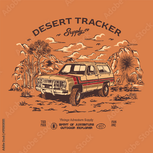 Retro illustration 4x4 old truck car rally offroad adventure desert landscape national park. Vintage artwork style outdoor apparel design 