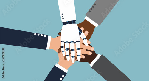 Vector illustration of diverse hands and a robot hand joining together in unity and teamwork
